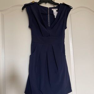 navy blue dress with gold buttons